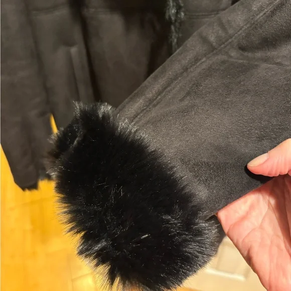 Black Faux Fur Shearling Suede Penny Lane 90s Glam Goth Coat Charlotte Simone - Picture 7 of 8
